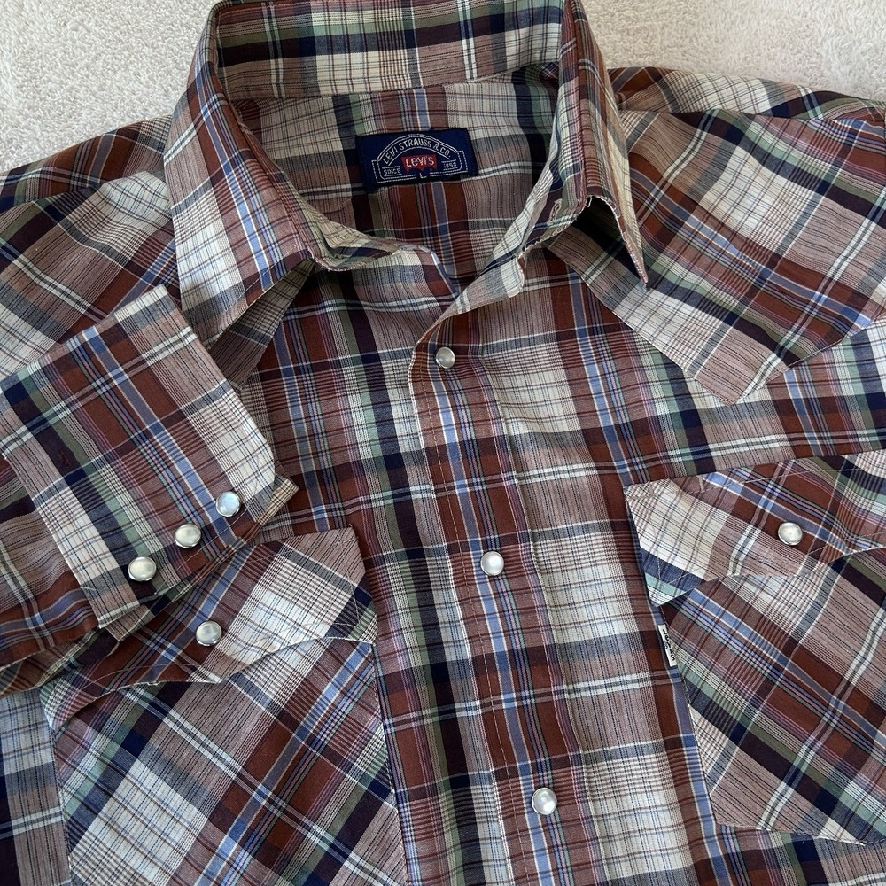 Vintage 70s Levis Pearl Snap Shirt Mens Size Large Western Plaid Long Sleeve USA